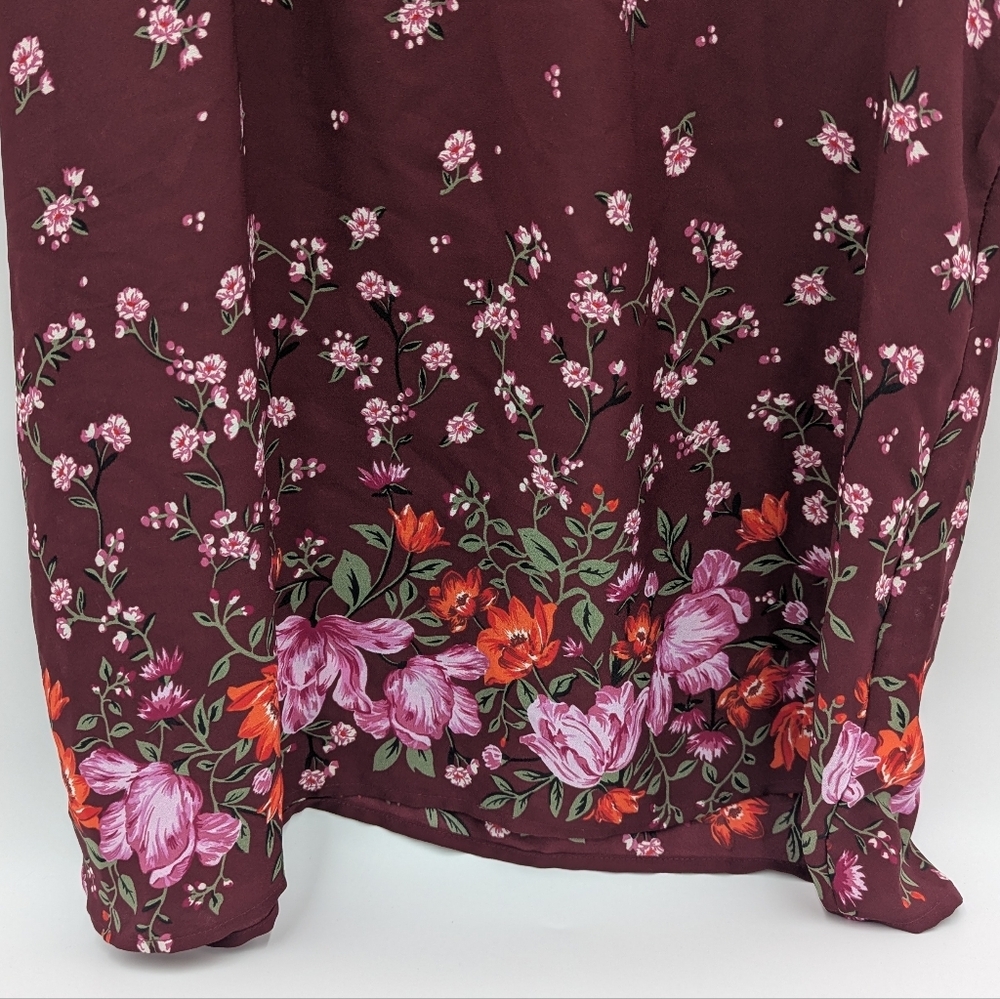 Old Navy Floral Burgundy Blouse Medium Layered Short Sleeve Ruffle Neck Boho - Picture 9 of 9